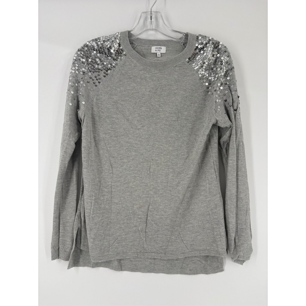 Crown Ivy Gray Sequin Shoulder Sweater Long Sleeve Crew Neck Casual Size S